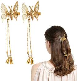 2 PCS Elegant Tassel Butterfly Hairpin, Side Clip Will Move Butterfly Hairpin, Butterfly Shiny Hair Clips Barrette, Metal Tassel Long Hair Clip, Ladies Girls Hair Accessories (A) von Updays