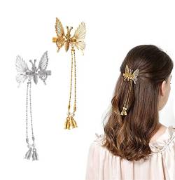 2 PCS Elegant Tassel Butterfly Hairpin, Side Clip Will Move Butterfly Hairpin, Butterfly Shiny Hair Clips Barrette, Metal Tassel Long Hair Clip, Ladies Girls Hair Accessories (C) von Updays