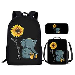 Upetstory 3-teiliges Rucksack-Set für Mädchen und Jungen mit Lunchbox-Federmäppchen, Sonnenblumen-Elefant 2, Daypack Rucksäcke von Upetstory