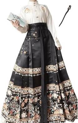 Hanfu-Pferdegesichtsrock für Damen, chinesischer traditioneller Vintage-Hanfu-Faltenrock, Rot, Blau, Schwarz, Beige, Hemd + Rock-Sets + Haarnadel aus Holz, Übergröße XL (White with Black,XL) von Uplateng