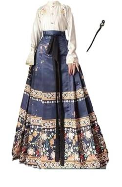 Hanfu-Pferdegesichtsrock für Damen, chinesischer traditioneller Vintage-Hanfu-Faltenrock, Rot, Blau, Schwarz, Beige, Hemd + Rock-Sets + Haarnadel aus Holz, Übergröße XL (White with Blue,M) von Uplateng