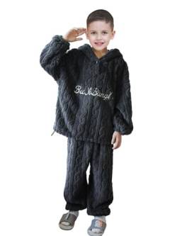 Uplateng Jungen Flanell Hoodied Pyjama Kinder Korallen Fleece Nachtwäsche Winter Warme Schlafanzüge Zweiteiliges Set 120-170 (Black,170) von Uplateng
