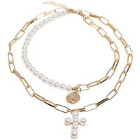 URBAN CLASSICS Edelstahlkette Urban Classics Unisex Pearl Cross Layering Necklace von Urban Classics