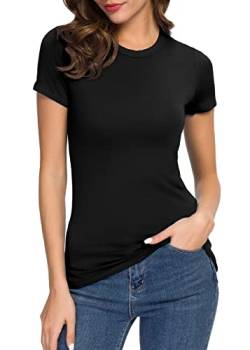 Damen Rundhals Slim Fitted Kurzarm T-Shirt Stretch Bodycon Basic Tee Tops, schwarz, X-Klein von Urban CoCo