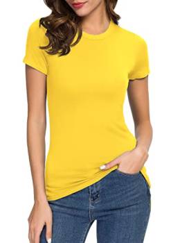 Damen Rundhalsausschnitt Slim Fitted Kurzarm T-Shirt Stretchy Bodycon Basic Tee Tops, gelb, Klein von Urban CoCo