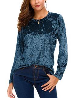 Urban CoCo Damen Vintage Samt-T-Shirt-beiläufige lange Hülsen-Spitze Klein Blau von Urban CoCo
