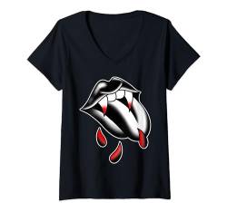 Damen Vampirzähne Zähne x Gothic Lippen Blackwork T-Shirt mit V-Ausschnitt von Urban Empyre