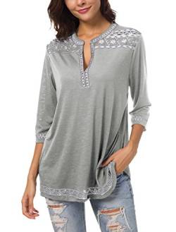 Urban GoCo Damen Böhmen Stickerei V-Ausschnitt Tops Blouse (Hellgrau, 2XL) von Urban GoCo