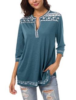 Urban GoCo Damen Böhmen Stickerei V-Ausschnitt Tops Blouse (Tinte blau, L) von Urban GoCo