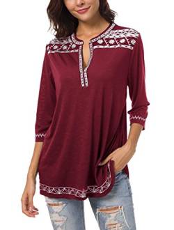 Urban GoCo Damen Böhmen Stickerei V-Ausschnitt Tops Blouse (Weinrot, XL) von Urban GoCo