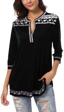 Urban GoCo Damen Böhmen Stickerei V-Ausschnitt Tops Blouse (schwarz, L) von Urban GoCo