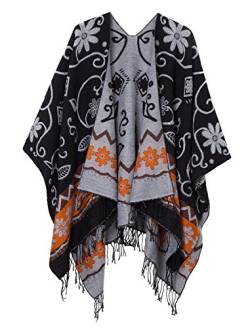 Schicker Damenponcho, Vintage-Umhang mit Schal und Quasten, traditionelles Muster Gr. One size, Black 2# von Urbancoco