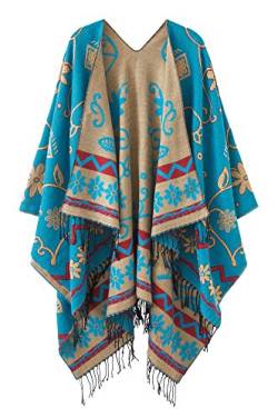 Schicker Damenponcho, Vintage-Umhang mit Schal und Quasten, traditionelles Muster Gr. One size, blau von Urbancoco