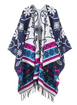 Schicker Damenponcho, Vintage-Umhang mit Schal und Quasten, traditionelles Muster Gr. One size, marineblau von Urbancoco