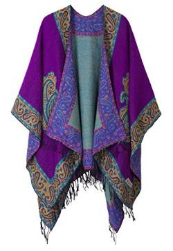 Schicker Damenponcho, Vintage-Umhang mit Schal und Quasten, traditionelles Muster Gr. One size, series 2 Purple von Urbancoco