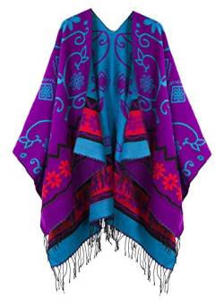 Schicker Damenponcho, Vintage-Umhang mit Schal und Quasten, traditionelles Muster Gr. One size, violett von Urbancoco