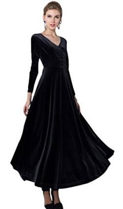 Urbancoco Damen Lange Langarm Abendkleid Maxi V-Ausschnitt Samt Party Kleid (2XL, Schwarz) von Urbancoco