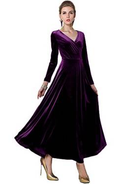 Urbancoco Damen Lange Langarm Abendkleid Maxi V-Ausschnitt Samt Party Kleid (M, Violett) von Urbancoco