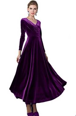 Urbancoco Damen Lange Langarm Abendkleid Maxi V-Ausschnitt Samt Party Kleid (XL, Violett) von Urbancoco