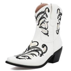 Urrtreusor Cowboy Stiefel for Damen Embroidered Blumen Cowgirl Stiefel Low Chunky Heel Western Stiefel Rivet Kleid Knöchel Stiefelettens White Große 39 von Urrtreusor