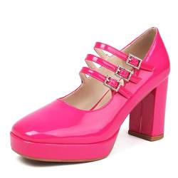 Urrtreusor Damen Plateau Mary Janes Lack Höhen Chunky Absatz Riemen Square Toe Blockabsatz Pumps Pink Große 38 von Urrtreusor