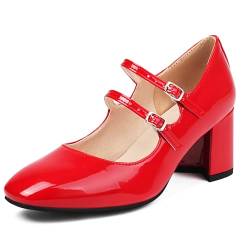 Urrtreusor Damen's Mary Jane Schuhe Lack Leder Retro Low Chunky Absatz Pump Schuhe for Damen Double Knöchelriemchen Pumps Red Sze 38 von Urrtreusor