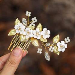 Ushiny Blumen-Braut-Hochzeits-Haarkamm, Perlen-Kopfschmuck, Blatthaar-Seitenkamm für Frauen und Mädchen von Ushiny