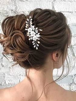 Ushiny Blumen Braut Hochzeits Haarkamm silberner Kristall Kopfschmuck Perlen Hochzeits Haarschmuck für Frauen und Mädchen von Ushiny