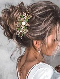 Ushiny Blumenbraut Hochzeit Stirnband Gold Braut Haar Ranke Strass Haarschmuck Abschlussball Kristall Kopfschmuck für Frauen und Mädchen von Ushiny