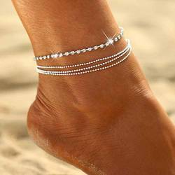 Ushiny Boho Fußkettchen Kristall Fußkettchen Silber geschichtete Fußkette Perlen Fußkettchen Schmuck für Frauen und Mädchen von Ushiny