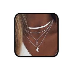 Ushiny Boho Layered Halsketten Mond Halskette Strass Anhänger Halsketten Fischgrätenkette Halskette Schmuck für Frauen und Mädchen von Ushiny