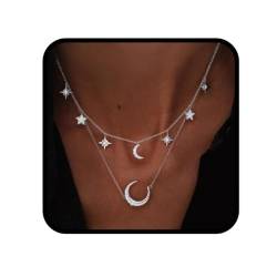 Ushiny Boho Mond und Stern Halskette Kette Silber Strass Halsketten Geschichtete Initiale Halskette Party Schmuck für Frauen und Mädchen von Ushiny