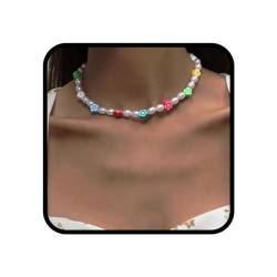 Ushiny Boho-Perlen-Halskette, bunte Blumen-Halskette, künstliche Perlen, Choker, Jahrestag, Party, Schmuck, für Frauen und Mädchen, 1 Count (Pack of 1), Metall Perle, Perle von Ushiny