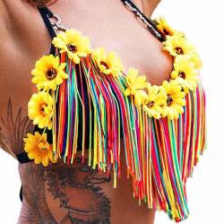 Ushiny Crop Top Buntes Quaste Neckholder Top Regenbogen Rave Outfit Blume Tank Top mit integriertem BH für Damen und Mädchen, bunt 2, Small von Ushiny