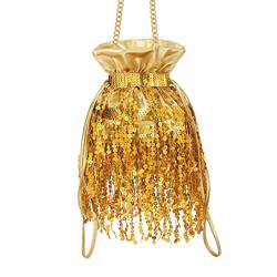 Ushiny Glänzende Pailletten Quaste Crossbody Tasche für Frauen und Mädchen Schultertasche Fransen Handtasche Cross Body Bag Rave Outfit（Gold） von Ushiny