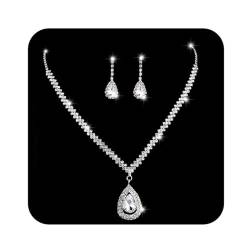 Ushiny Hochzeits-Brautschmuck-Set, Silber-Kristall-Halskette und Ohrringe, baumelnde Ohrringe, Schmuck Set für Frauen und Mädchen von Ushiny