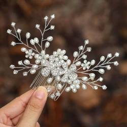 Ushiny Kristall Braut Hochzeit Haarkamm Perlen Kopfschmuck Blumen Haar Seitenkamm für Frauen und Mädchen (Silber) von Ushiny