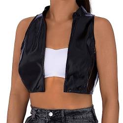 Ushiny Leder weste schwarzes Crop-Top Stehkragen ärmelloses Tank-Top Rave-Kostüm für Damen und Mädchen (as3, alpha, l, regular, regular, Schwarz) von Ushiny