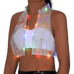 Ushiny Leuchtweste transparentes Crop-Top LED-Rave-Kostüm Stehkragen ärmelloses Tanktop für Damen und Mädchen (as3, Alpha, m, Regular, Regular, Durchsichtig) von Ushiny