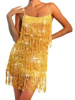 Ushiny Pailletten Quastenkleid glitzerndes Tanzkleid Fransen Kleider Festival Kostüm Rave Outfit für Frauen und Mädchen (DE/NL/SE/PL, Alphanumerisch, Einheitsgröße, Regular, Regular, Gold) von Ushiny