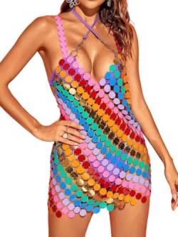 Ushiny Pailletten Regenbogen Kleid Kettenhemd Kleider Disco Sexy Rave Outfit Funkelnd Bikini Body Kettenkleid für Frauen(L) von Ushiny