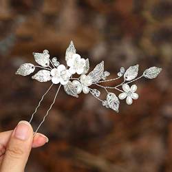 Ushiny Pearl Bride Hochzeit Haarnadel Silber Blumen Haarschmuck Blatt Braut Haarteil für Frauen und Mädchen von Ushiny