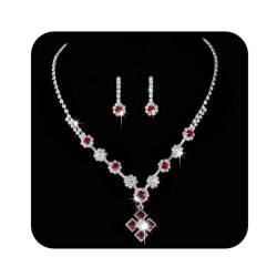 Ushiny Silber Braut Hochzeit Schmuck Sets Rote Strass Halskette und Ohrringe Sets Rote Kristall Tropfen Ohrringe Halskette Schmuck Set für Frauen und Mädchen (#XT-041) von Ushiny