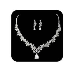 Ushiny Silberne Hochzeitsschmuck-Sets Funkelnde Strass-Halskette und Ohrring-Sets Blumen-Kristall-Ohrring-Halsketten-Schmuck-Set für Frauen und Mädchen (NE-030) von Ushiny