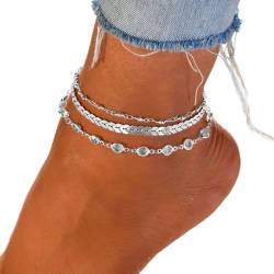 Ushiny Vintage Layered Fußkettchen Strass Fußkettchen Fishbone Fußkettchen Perlen Fußkette Schmuck für Frauen und Mädchen (3 Stück) (Silber) von Ushiny