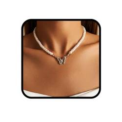 Ushiny Vintage Perlenkette Gold Schmetterling Strass Halsketten Festival Geburtstag Party Halskette Schmuck für Frauen und Mädchen von Ushiny
