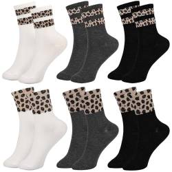 Utensilsto 6 Paar Damen Crew Socken 35-42, Damensocken Baumwollsocken Mädchen mit Leopardenmuster Socken Leopardsocken Damen Sportsocken für Freizeitkleidung (Frühling und Herbst) von Utensilsto