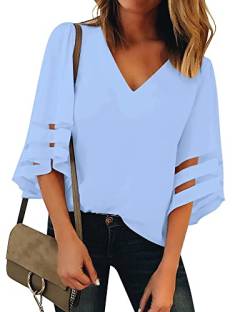 Utyful Dressy Tops für Frauen Damen Sommer Casual V Ausschnitt Mesh Panel 3/4 Glockenärmel Lose Bluse Top, V-Ausschnitt, hellblau, Klein von Utyful