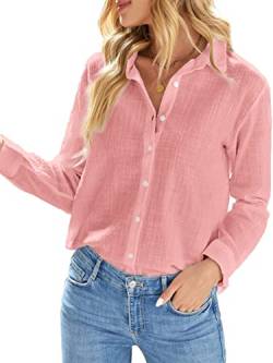 Uusollecy Bluse Damen Elegant, Revers Kragen Langarm Leinenbluse, V-Ausschnitt Button-down Hemdbluse, Einfarbig Casual Loose Sommerbluse Tunika Für Frauen Teen Girls rosa S von Uusollecy