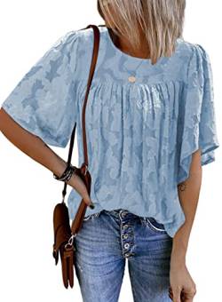 Uusollecy Bluse Damen Sommer Rundhals 3/4 Armel Chiffonbluse Glockenärmel Floral Spitzenblusen Oberteile Tops Hellblau L von Uusollecy